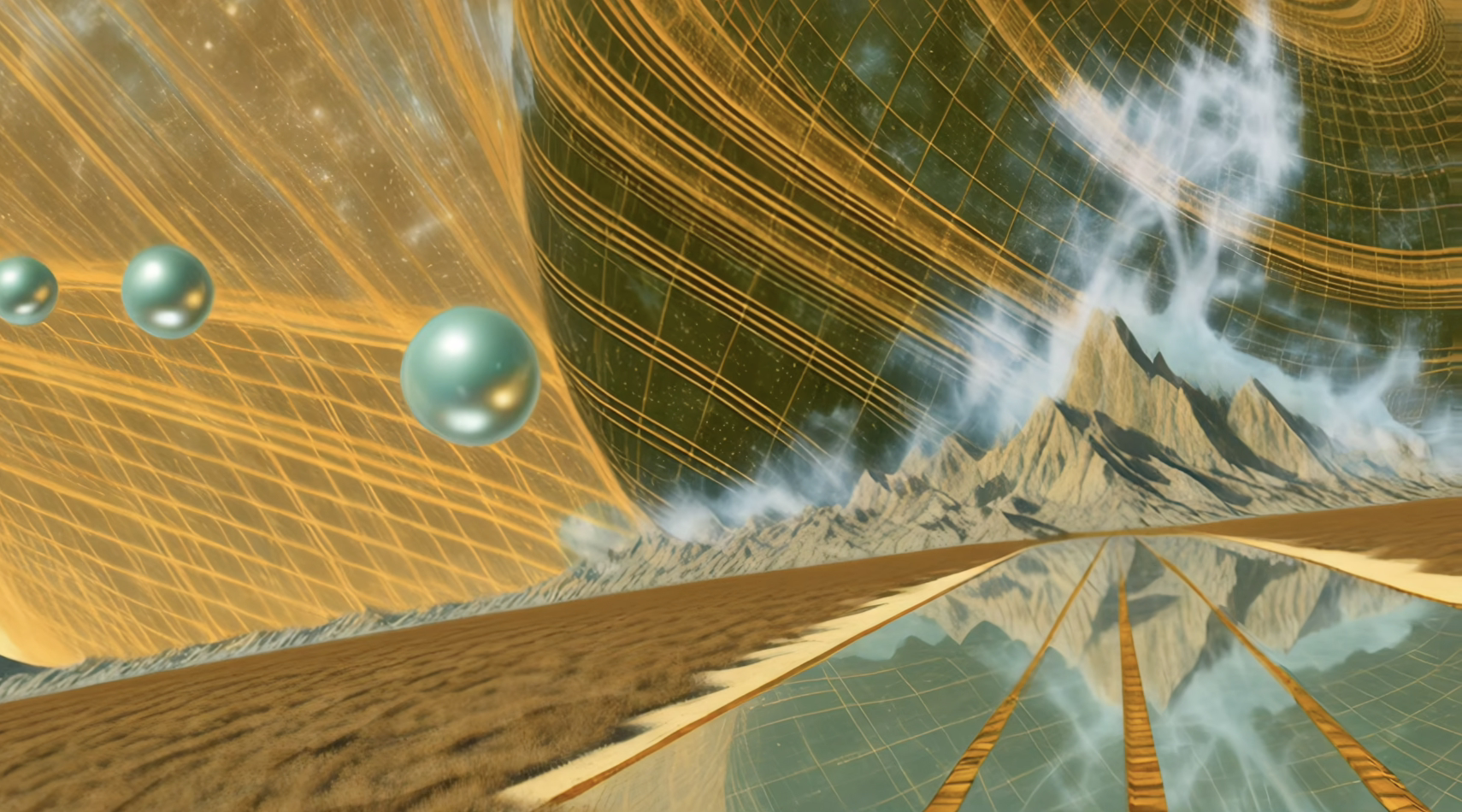 Expansive grid-like celestial objects over a calm horizon, the perfect 4K shrooms visuals for tripping.